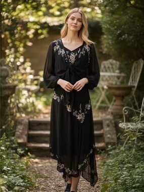 Vintage Bellessa 2 Pc Embroidered Dress & Sheer Tie Cardigan Set Black Size L
